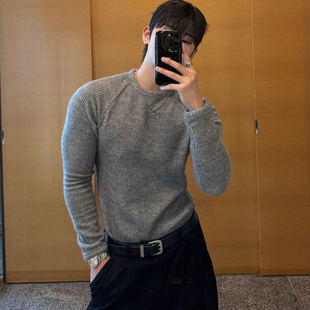 小北韩国代购男装东大门加绒长袖T恤插件修生坑条纹圆领打底TEE