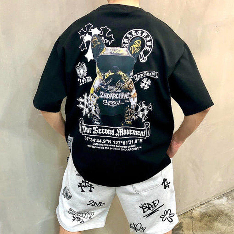 小北韩国代购男装东大门短袖T恤2ND墨镜法斗小狗涂鸦个性减龄情侣