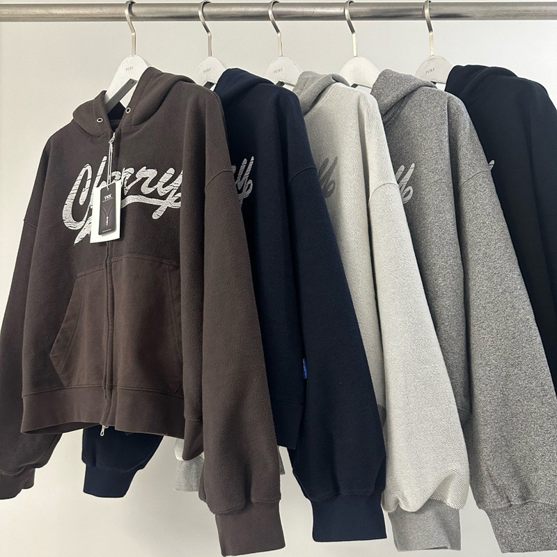 小北韩国代购男装东大门连帽卫衣开衫加绒做旧字母印花帽衫外套