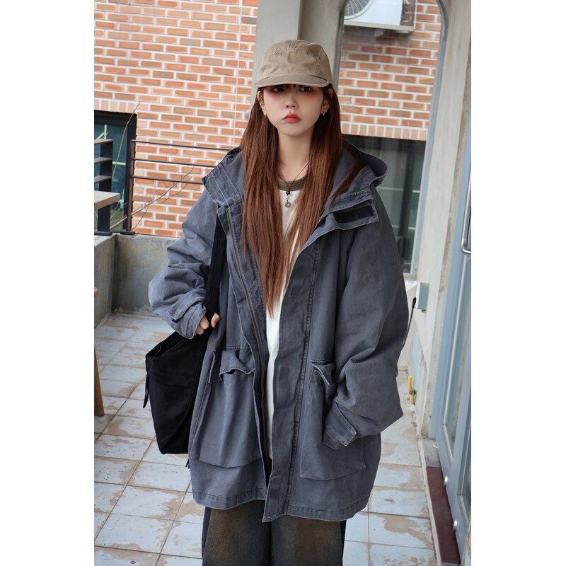 小北韩国代购男装东大门连帽夹克宽松复古工装口袋保暖中长款外套