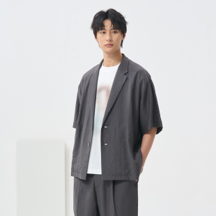 凉感条纹休闲短袖 石见山日系三宅风褶皱半袖 夏季 男士 单西外套 西装