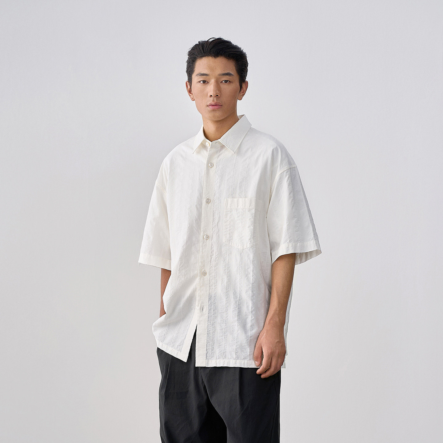 石见山夏季高档男装半袖衬衣男款白色纯棉提花夏日男士短袖衬衫