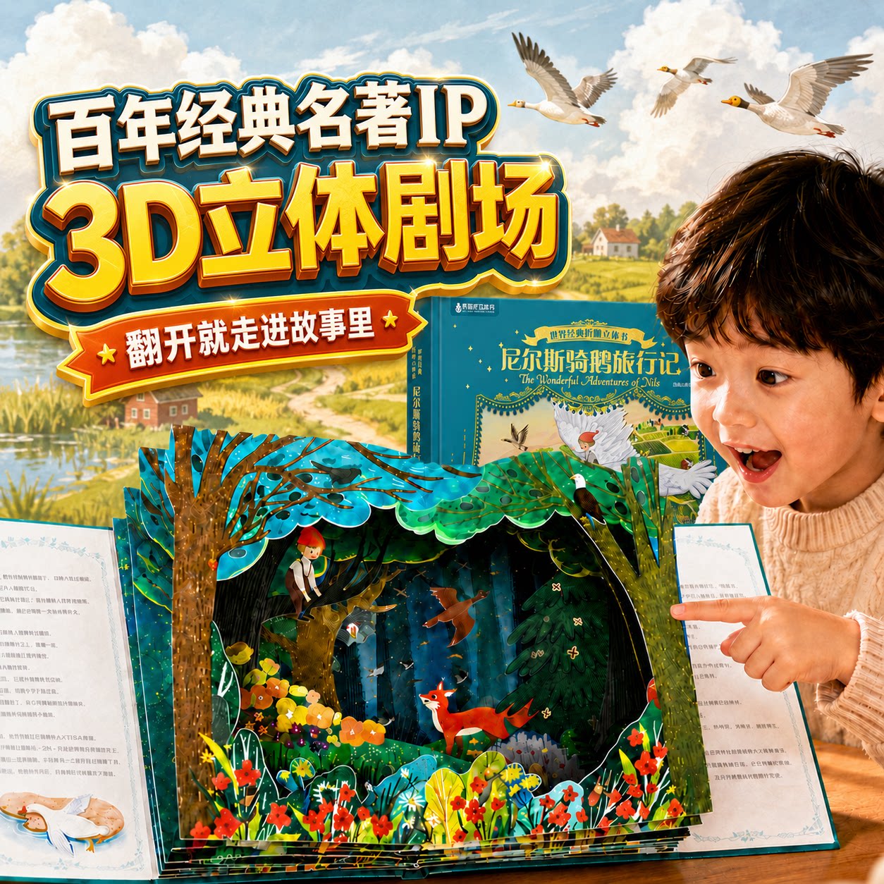 尼尔斯骑鹅旅行记经典名著纸雕3d立体书儿童绘本童话睡前故事3到6岁幼儿园一二三年级小学生暑期课外书男女孩生日礼物