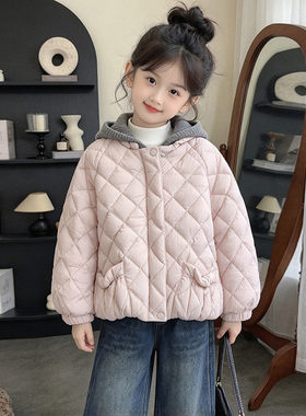 超好看女童菱格绗缝羽绒服2026新款连帽加厚轻薄棉服外套冬装潮