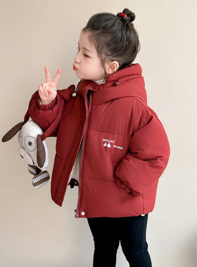 2026新款女童红色白鸭绒羽绒服短款连帽面包服韩版保暖外套冬装