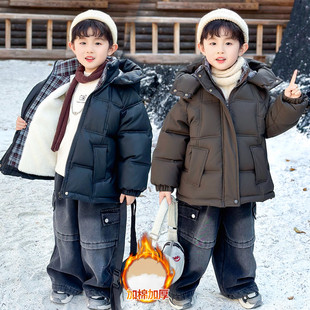 男童冬装外套羽绒棉服2025新款棉衣加绒皮衣棉袄冬季中大儿童冬款