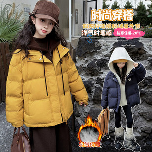 女童羽绒服2026新款中大童时髦儿童假两件连帽加厚保暖外套洋气潮
