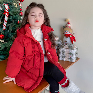 2026新款女童红色连帽羽绒服中长款加厚保暖冬装洋气新年外套潮