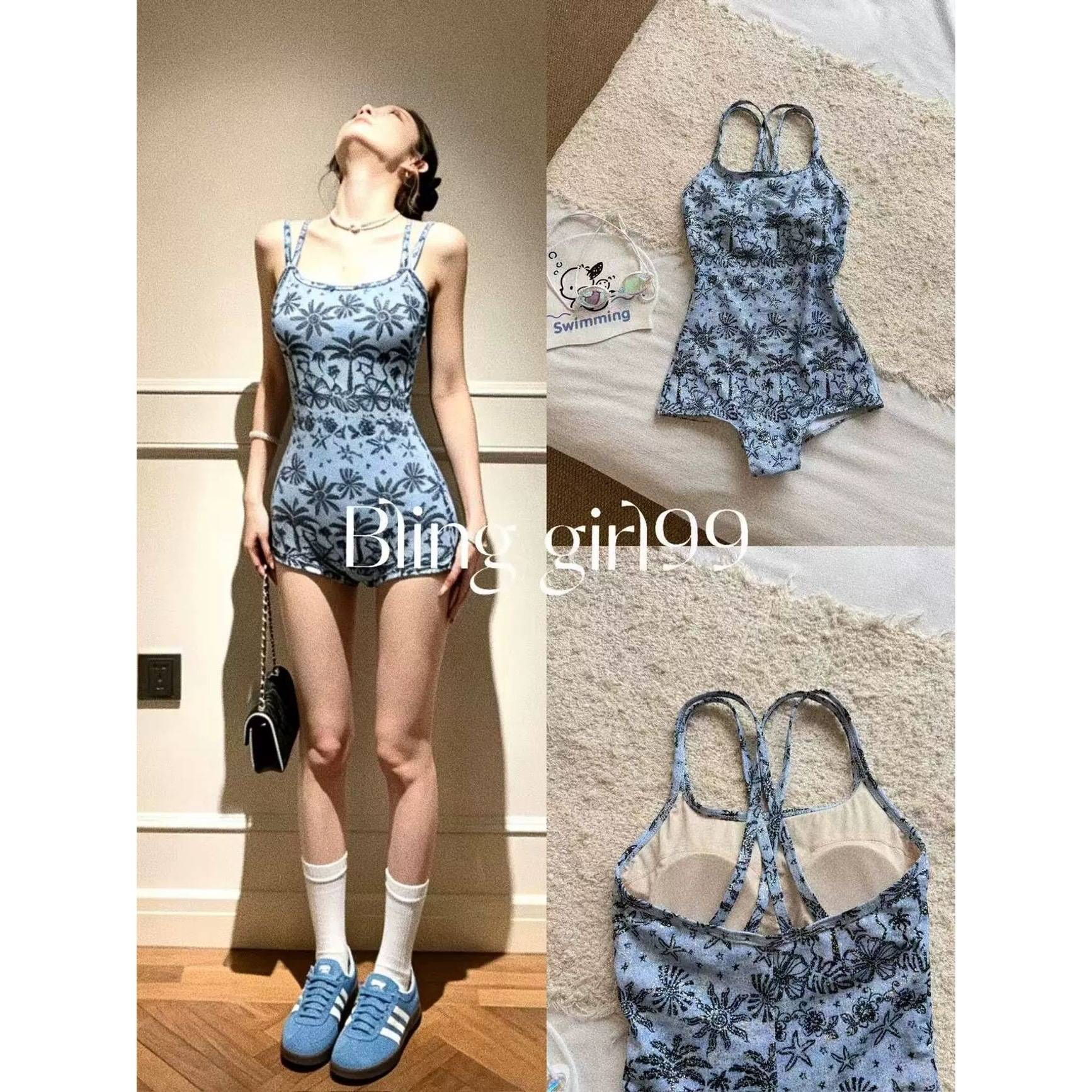 椰子海连体泳衣女大码显瘦高腰防走光复古印花修身泳装竞速微胖