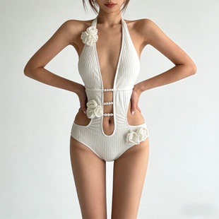 欧美泰国风沙漏腰连体泳衣女手工花朵镂空高级感辣妹度假新款泳装