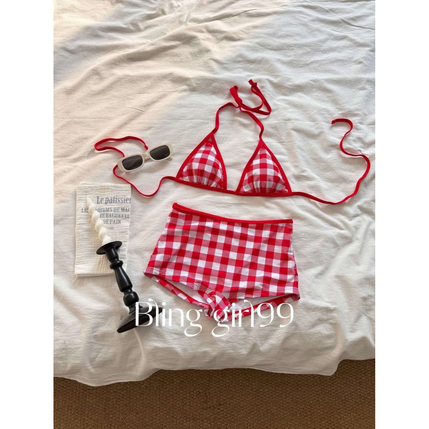 红白格子比基尼分体式挂脖泳衣女比基尼度假海滩游泳装泡温泉新款