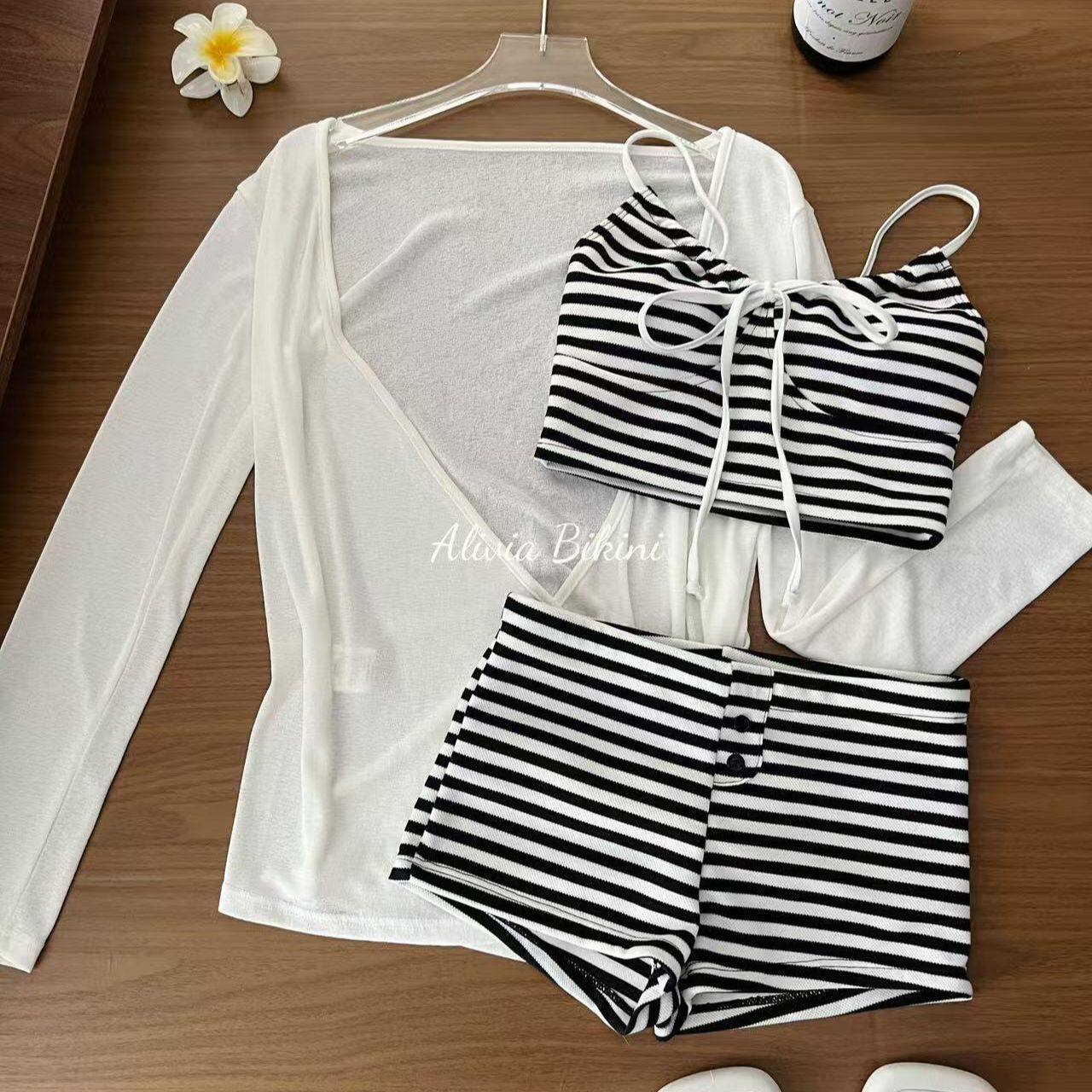 泳衣女款条纹分体三件套平角绝美罩衫聚拢辣妹泡温泉度假济州微风