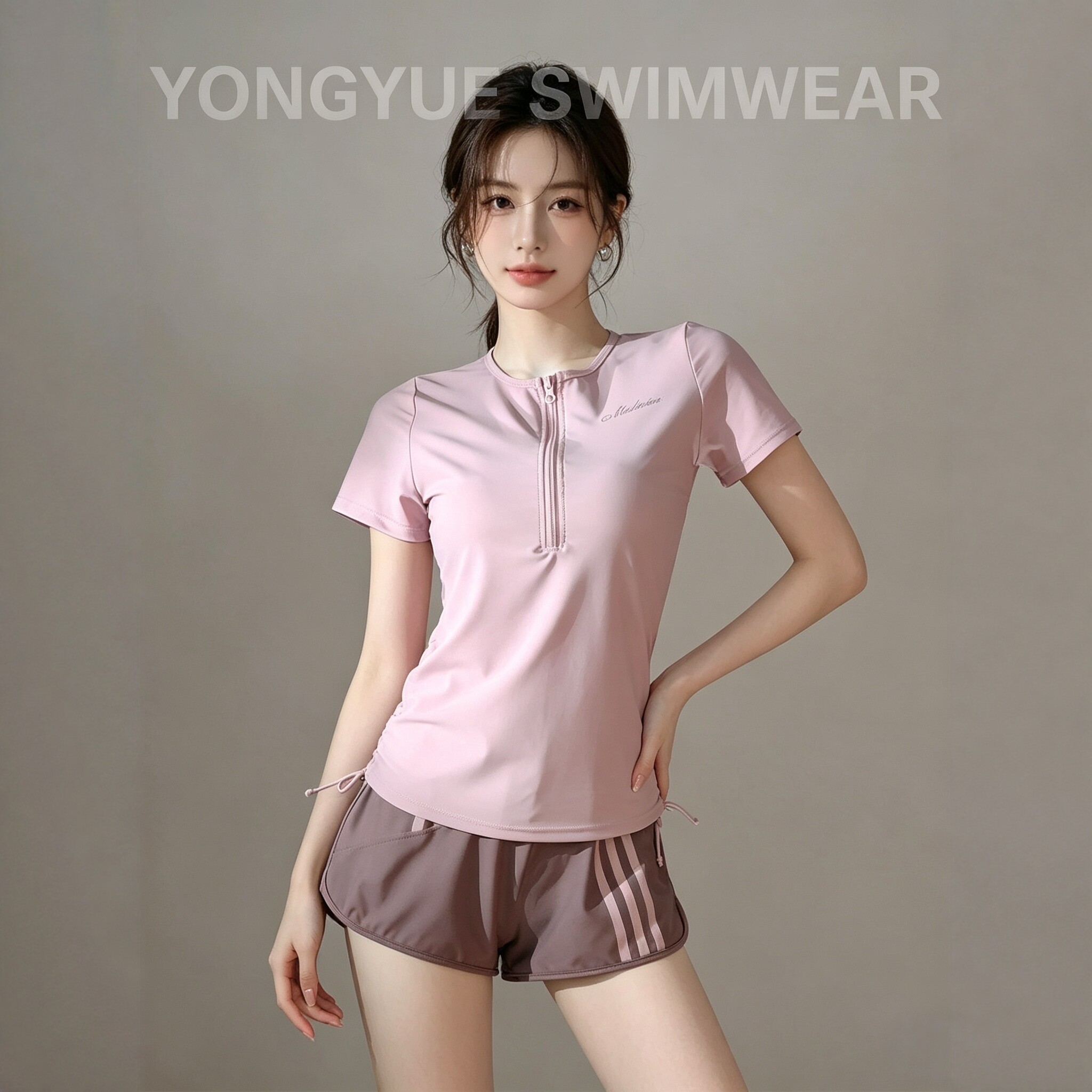 分体泳衣女遮肚显瘦保守平角泳裤泡温泉度假泳装染紫藕荷高级感