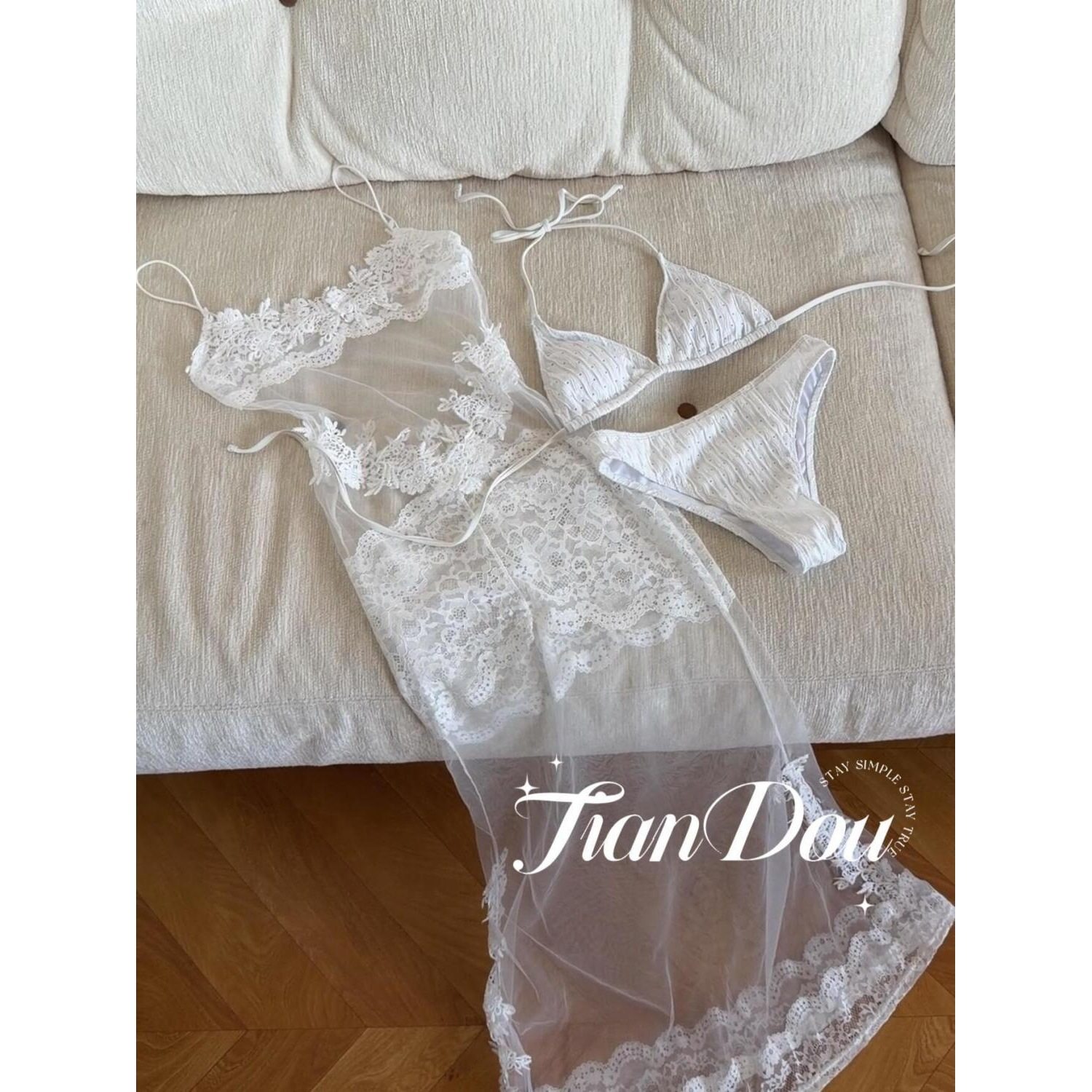 分体泳衣女遮肚显瘦海边度假绝美蕾丝网纱比基尼长裙三件套泡温泉,运动/瑜伽/健身/球迷用品,分体泳衣,淘宝优惠券,粉丝福利购,淘宝优惠卷