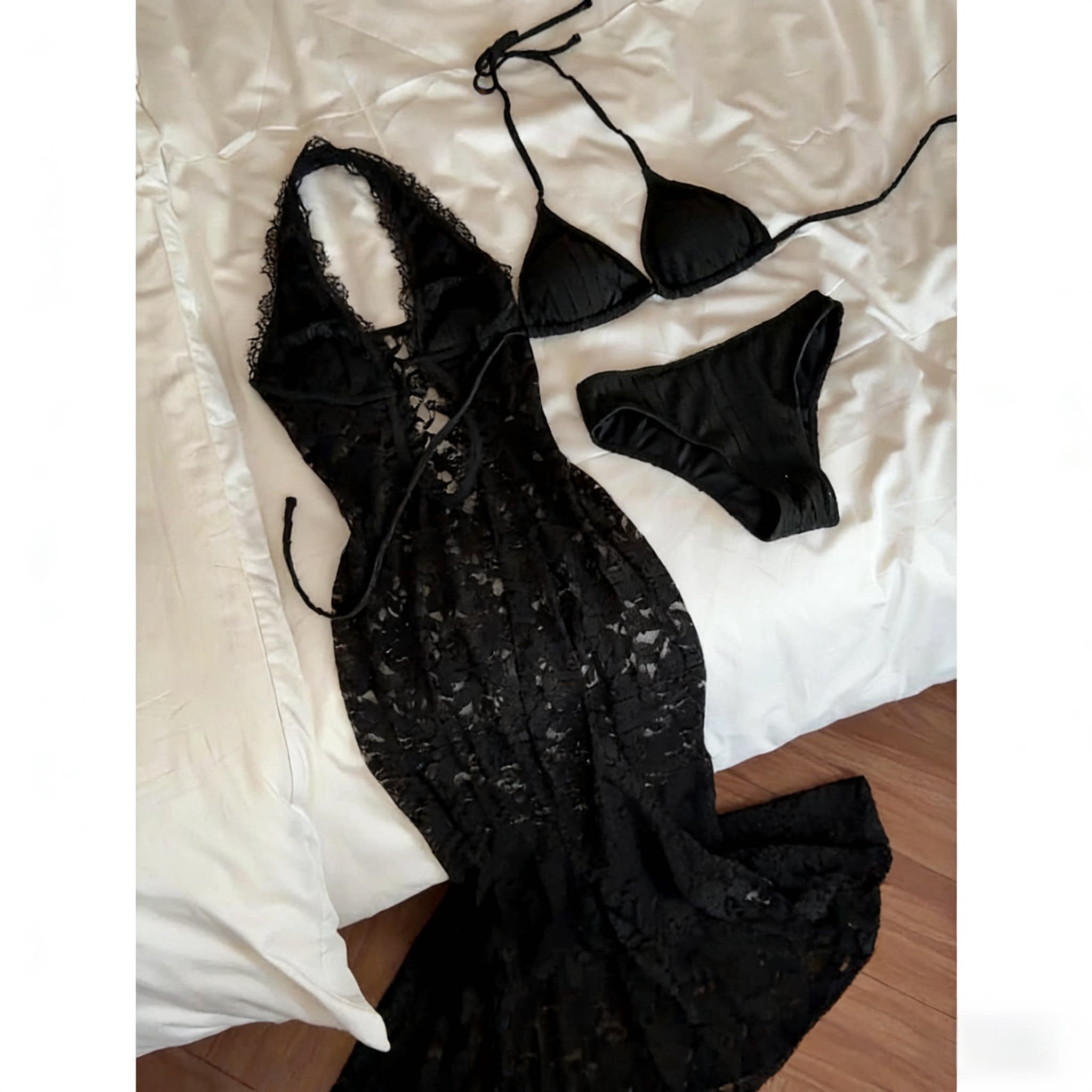 泳衣女高级感显瘦遮肚比基尼度假性感纯欲风黑色蕾丝长裙分体泳装