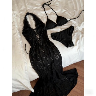 小胸聚拢镂空挂脖长裙泳衣女分体比基尼显瘦遮肚度假黑色蕾丝泳装