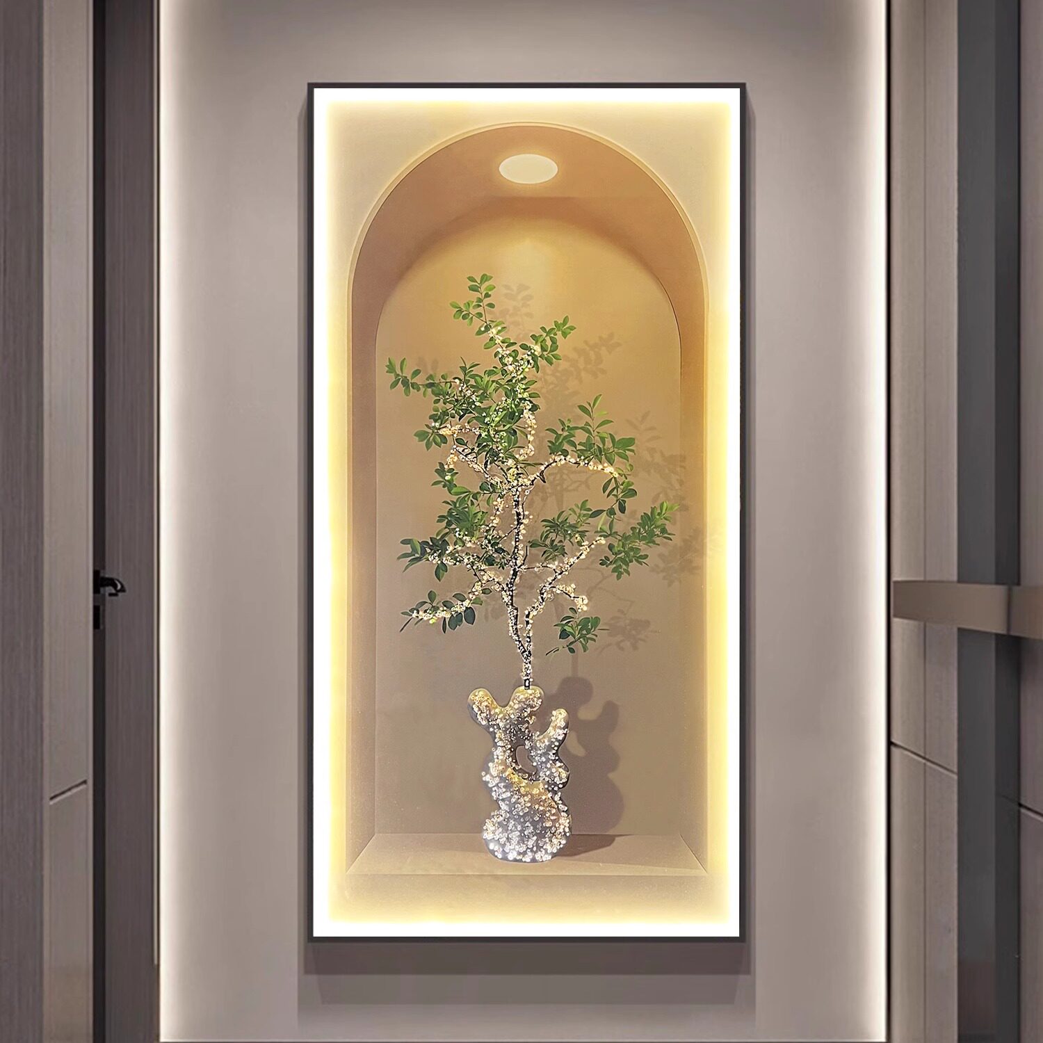 绿植奶油风入户玄关装饰画现代过道晶瓷led灯画简约走廊发光挂画