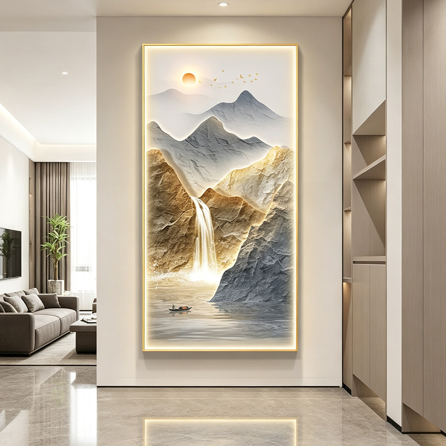 现代轻奢高档入户玄关装饰画旭日东升走廊过道挂画山水画客厅壁画
