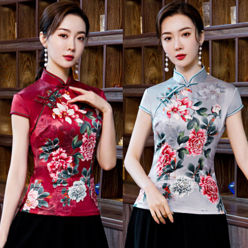 短款短袖旗袍上衣改良修身中国风复古大码唐装汉服民国风女装茶服