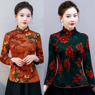 中国风长袖旗袍上衣改良修身短款中年妈妈复古唐装茶服民国风女装