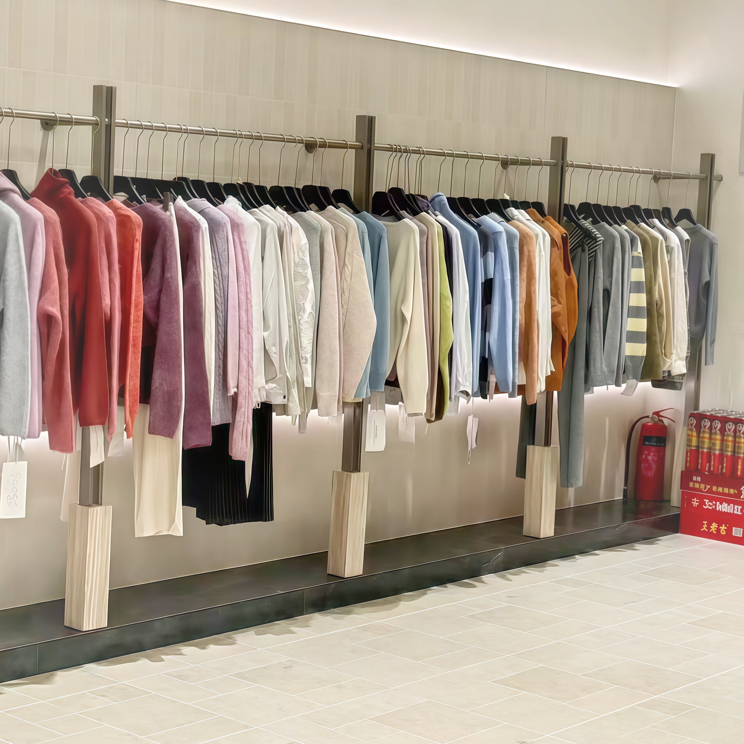 服装店展示架不锈钢拉丝挂衣架女装店靠墙陈列架原木上墙侧挂货架