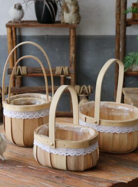 田园木片花篮篮子插花家居装饰