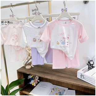 绿博尔新品 薄空调服宝宝七分袖 睡衣家居服套装 A类 莱赛尔女童夏季