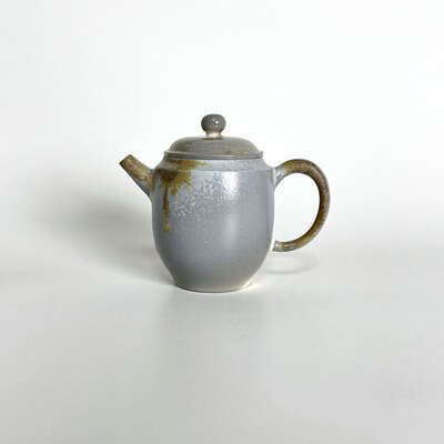 130ml高白泥手工柴烧茶壶蓝灰色泡茶具手工单壶无釉裸烧自然落灰