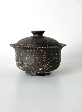 柴烧盖碗140ml手工红珍珠泥原矿两才元宝自然落灰黑色可养彩裸烧