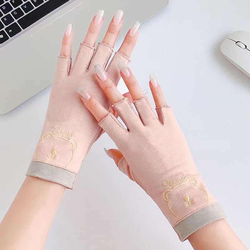 美甲防晒手套女士半指棉质防滑防防紫外线手套户外骑行开车采茶