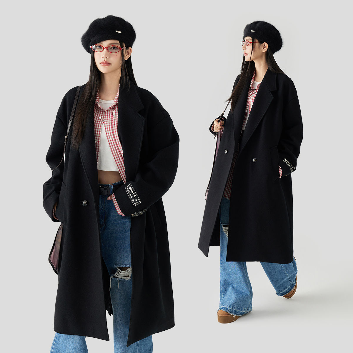 MPUX韩系潮酷时尚大翻领休闲宽松长款毛呢大衣外套男女同款