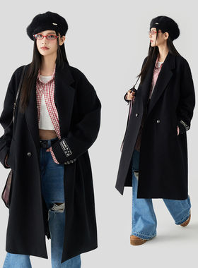 MPUX韩系潮酷时尚大翻领休闲宽松长款毛呢大衣外套男女同款