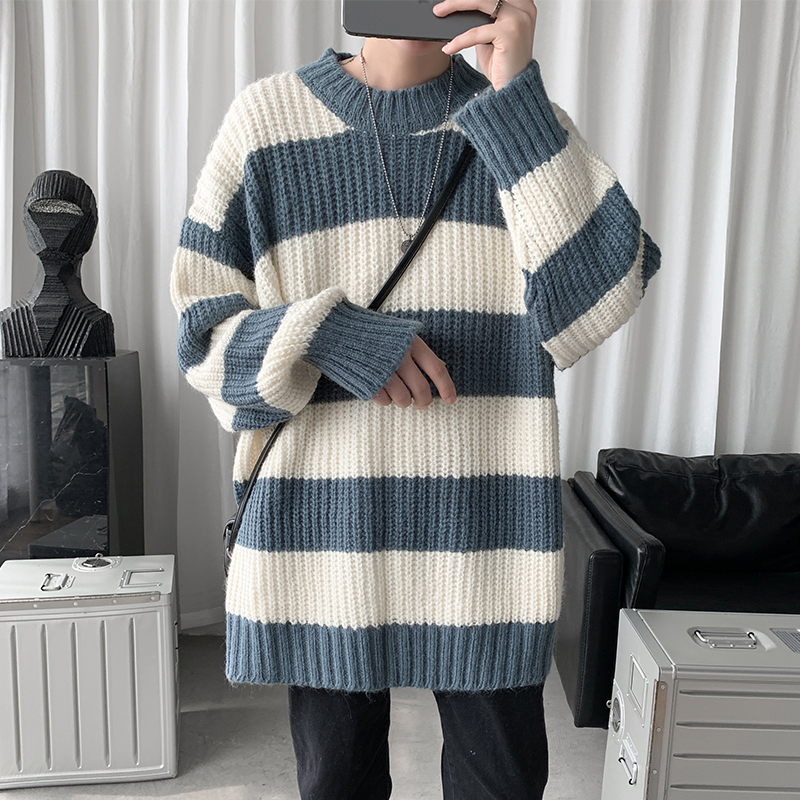 20 / winter men's trendy loose classic wide stripe Pullover Sweater for men
