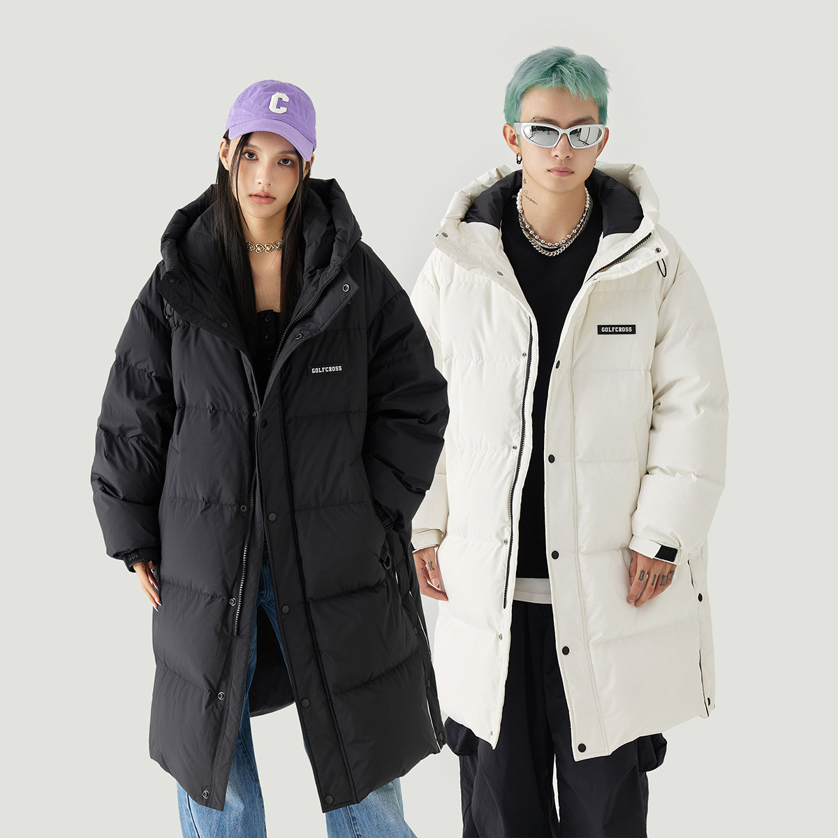 GOLFCROSS长款90白鸭绒连帽羽绒服加厚防寒保暖外套宽松潮男女款