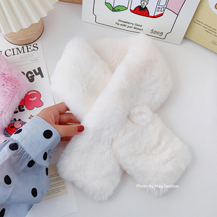 网红毛毛围巾女冬保暖仿皮草交叉围脖兔毛韩版 百搭毛领加厚防风