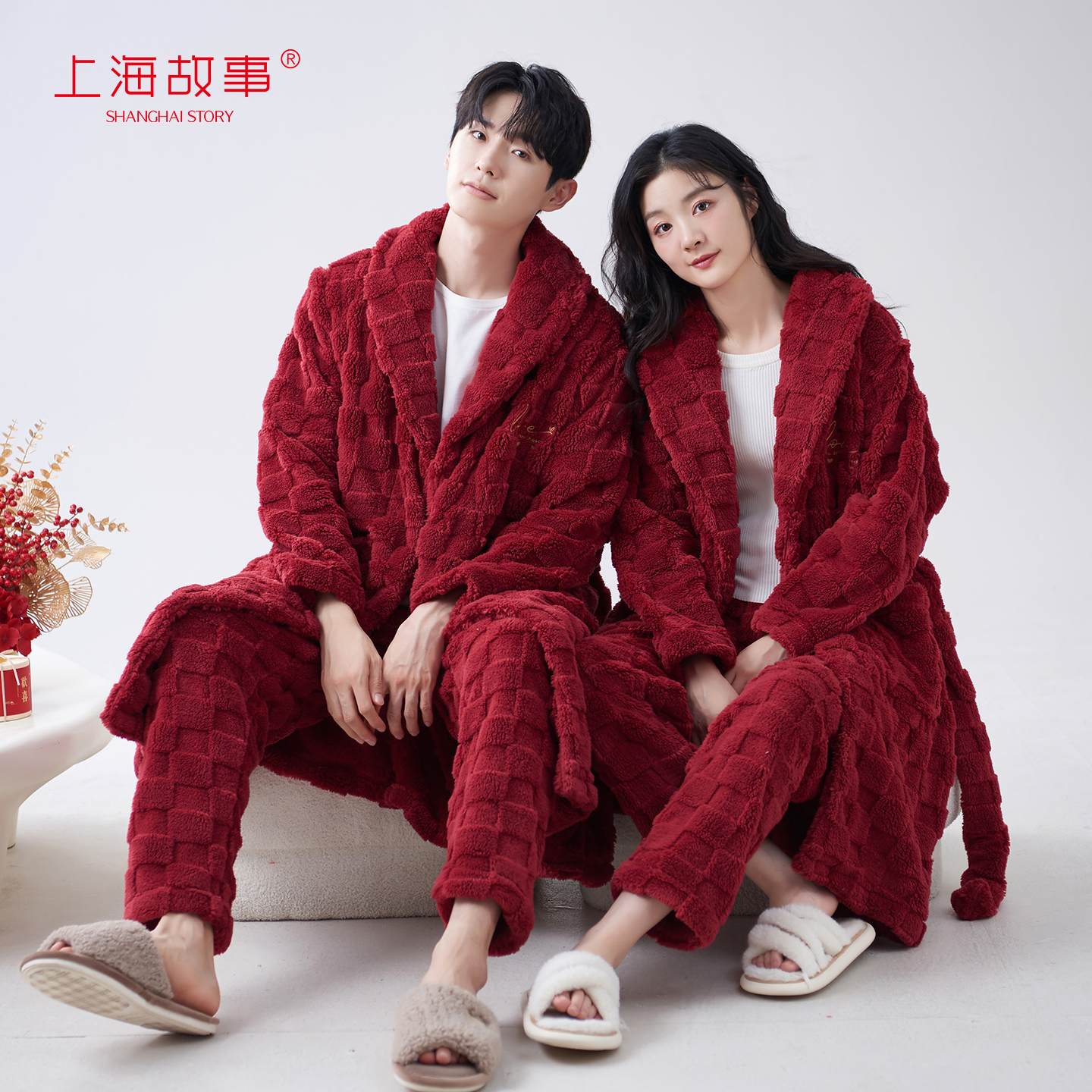 上海故事加厚保暖珊瑚绒红色睡袍