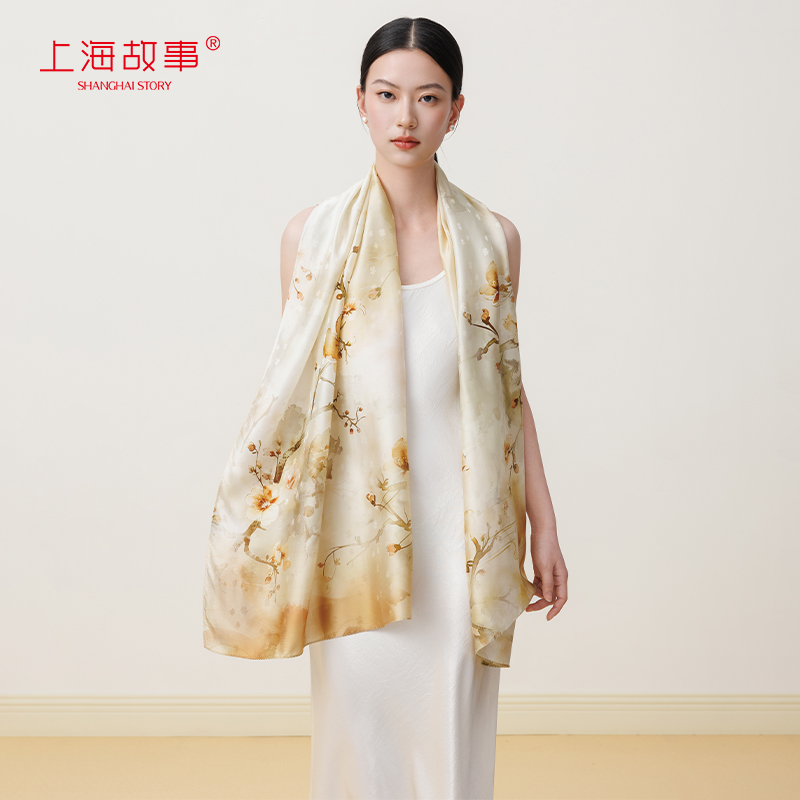 上海故事2025春夏真丝印花桑蚕丝披肩长巾女丝巾系脖妈妈款礼盒装
