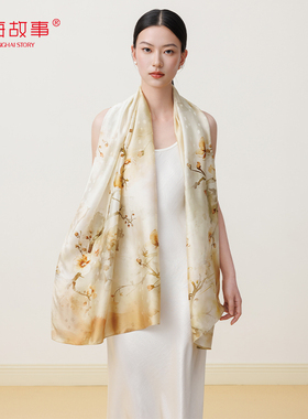 上海故事2026新款真丝印花桑蚕丝披肩长巾女丝巾系脖妈妈款礼盒装