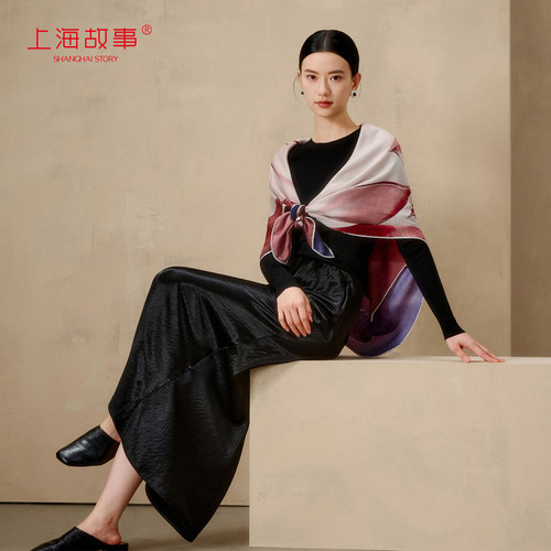 上海故事秋冬真丝羊毛方巾女