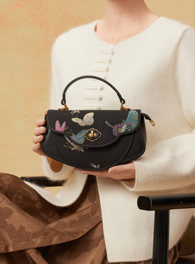 2025新款上久楷名家宋锦晴春蝶戏真皮手提包单肩斜挎包送长辈礼品