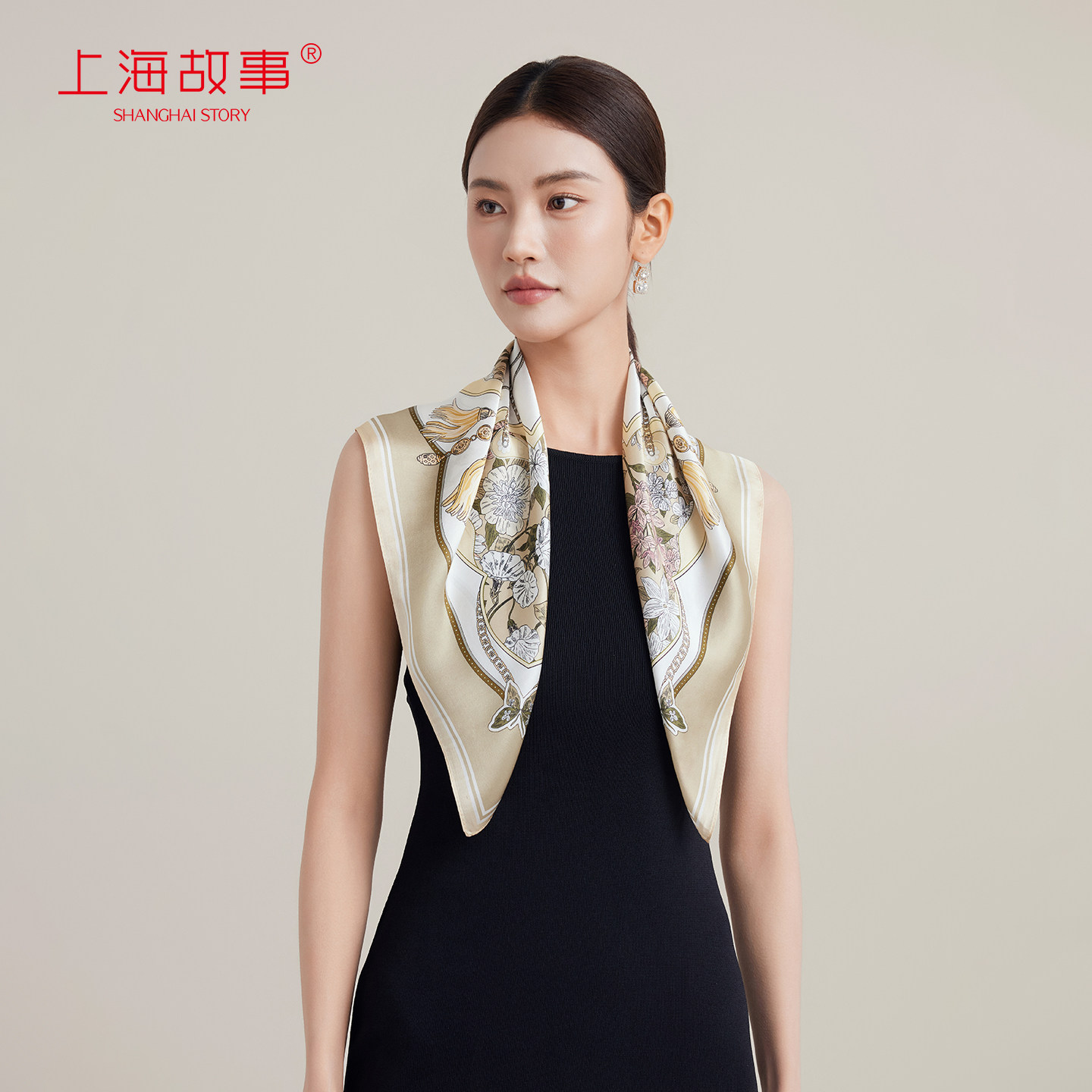 上海故事2026春夏桑蚕丝印花真丝中方巾女丝巾系脖礼盒送长辈礼物