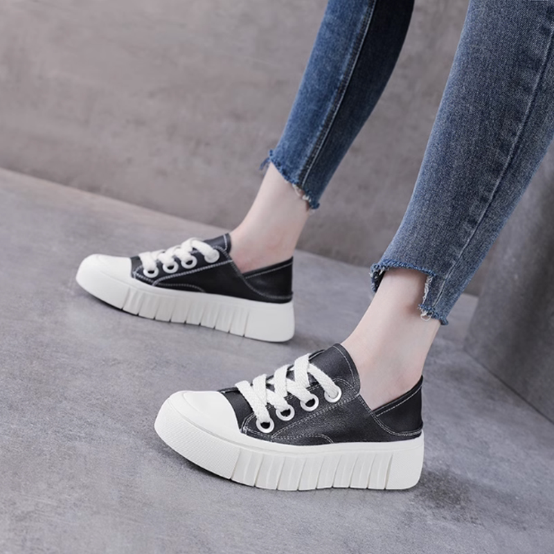 头层牛皮2025春秋新款厚底板鞋百搭真皮休闲复古系带两穿小白鞋女