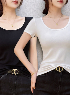 短袖T恤女士低领正肩u领修身休闲内搭上衣设计感春夏薄款内搭体恤