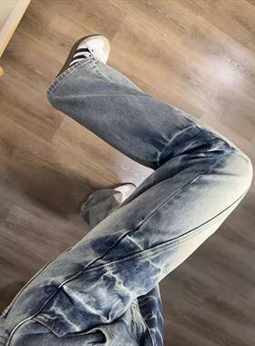 闪电纹弯刀微喇牛仔裤男美式中大童潮宽松显瘦小众宽松做旧直筒裤