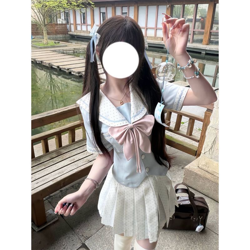 2026夏季新款中大童jk制服波点短裙水手服女童两件套装甜美学院风图片