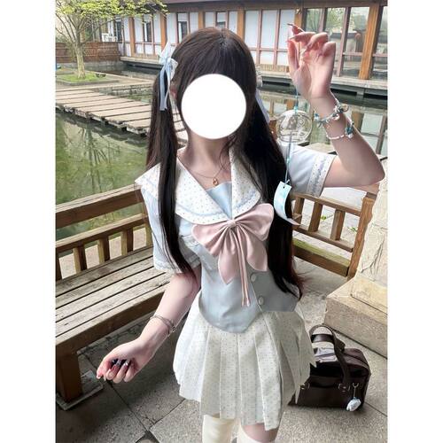 2026夏季新款中大童jk制服波点短裙水手服女童两件套装甜美学院风