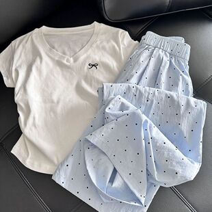T恤搭配波点高腰阔腿裤 v领蝴蝶结短袖 两件套 女夏季 甜美风女童套装