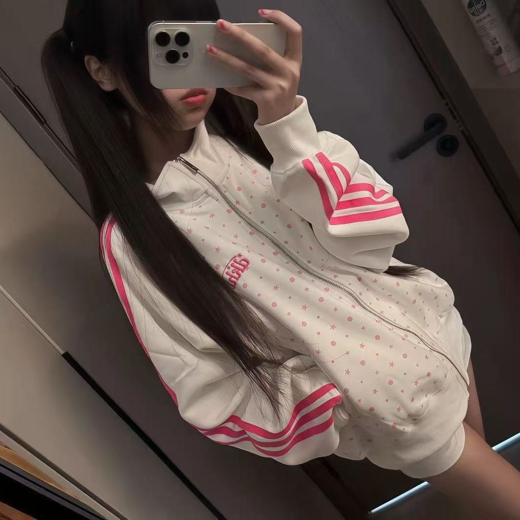 春秋三条杠运动风波点星星开衫外套女2026新款童装拼接拉链上衣