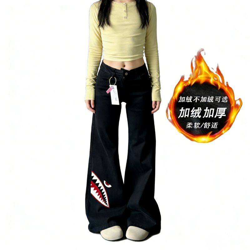 鲨鱼嘴印花牛仔裤女童冬天加绒加厚美式童装宽松休闲喇叭裤ins女,童装/婴儿装/亲子装,儿童牛仔裤,淘宝优惠券,粉丝福利购,淘宝优惠卷