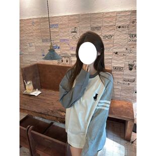 快手网红同款秋季新款中大童拼接长袖上衣学生t恤小马印花小个子